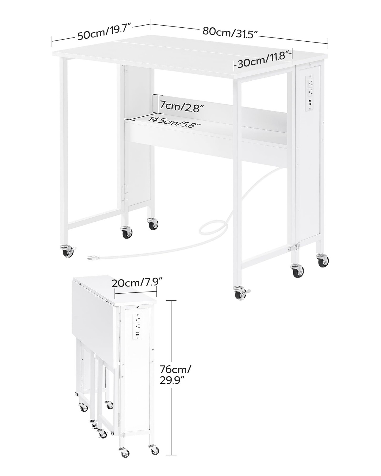CHOEZON 31.5″ Modern White Folding Computer Desk with Power Outlets, Wheels, …