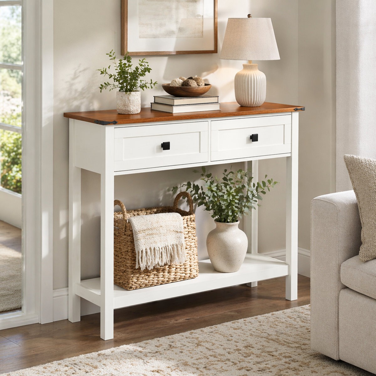 Farmhouse Console Table Entryway Rustic Sofa Table with 2 Drawers Shelf White
