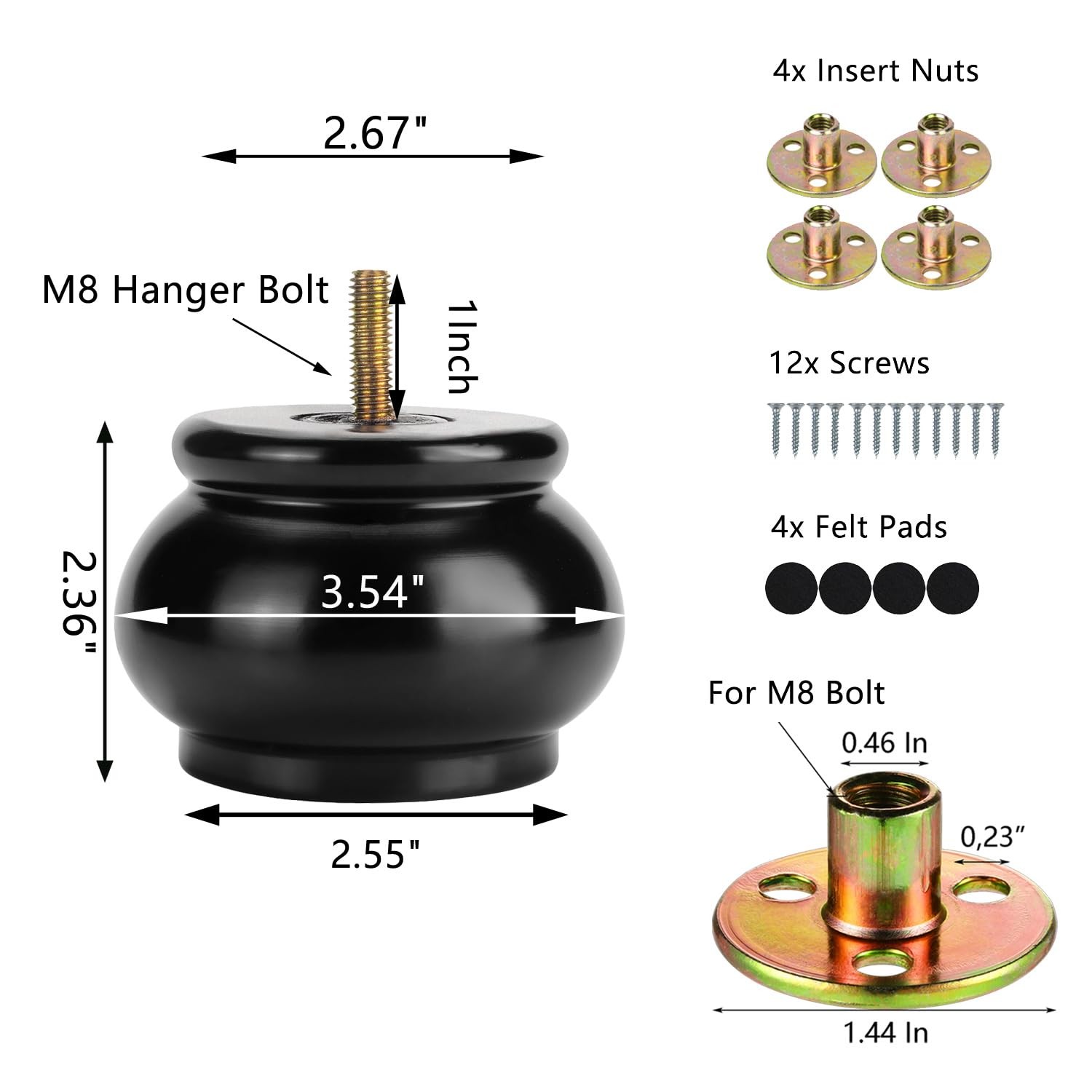 2 Inch Black Wood Round Furniture Legs Predrilled M8 Bolt Bun Feet for Sofa C…
