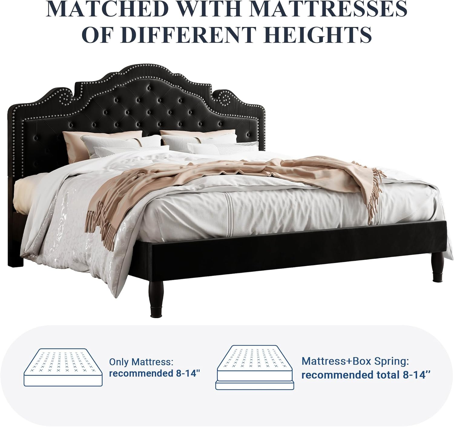 King Size Platform Bed Frame with Adjustable Velvet Tiara Headboard, Upholstered