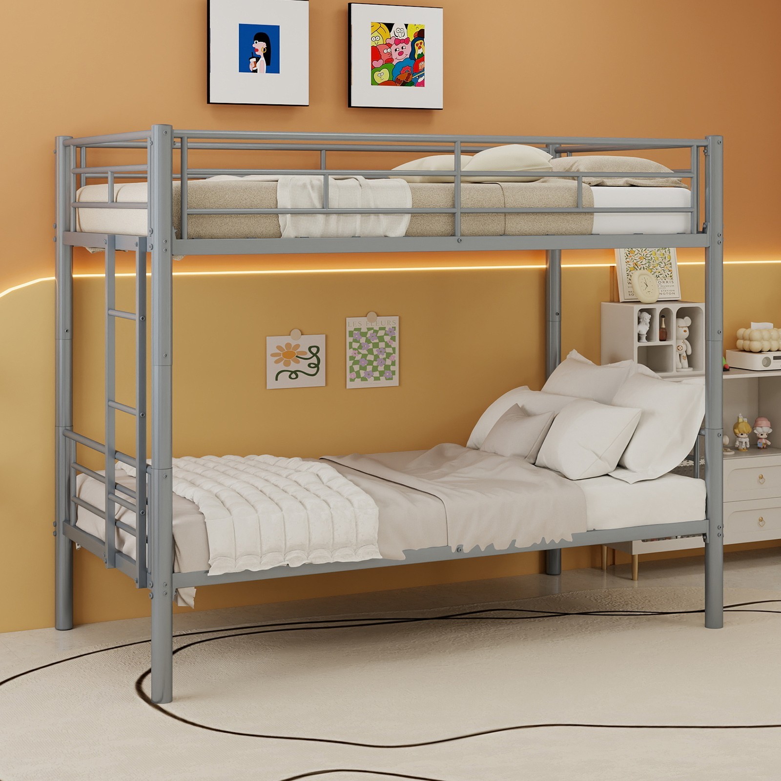 Twin Over Twin Metal Bunk Bed with Metal Structure Bedframe & Ladders for Kids