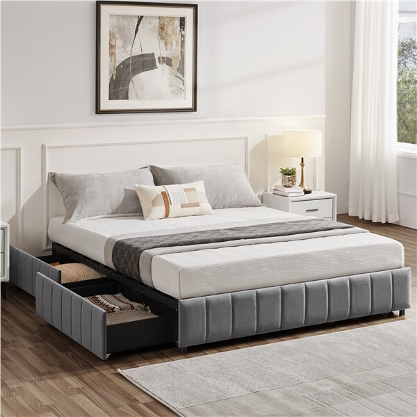 Upholstered Bed Frame with 4 Storage Drawers, No Fixed Headboard, Dark Grey