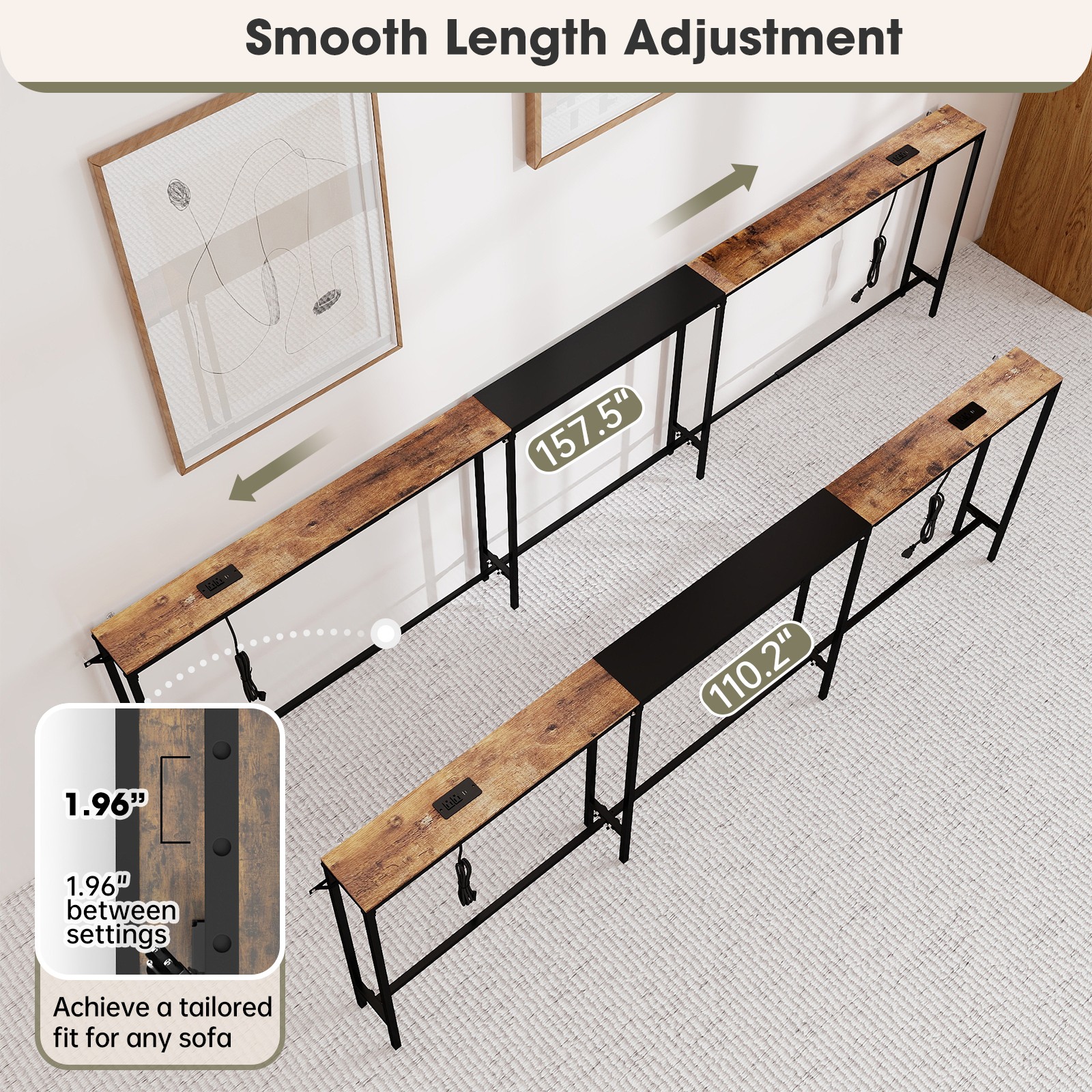 Huuger Narrow Sofa Table Behind Couch Table 157.5 Inch Adjustable with Charging