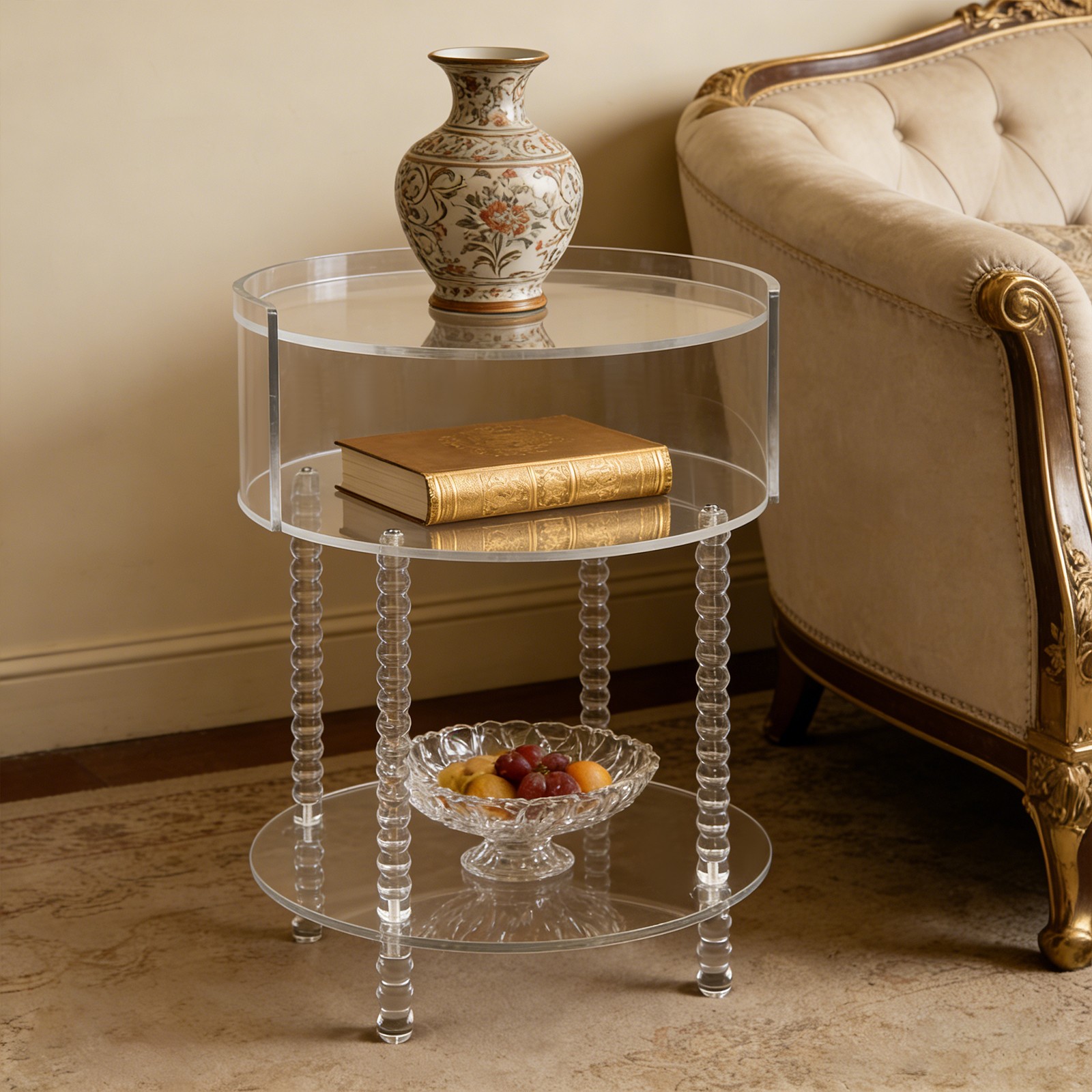 44lbs 3-tier Shelf Acrylic Side Table With Rounded Silhouette And Beaded Legs