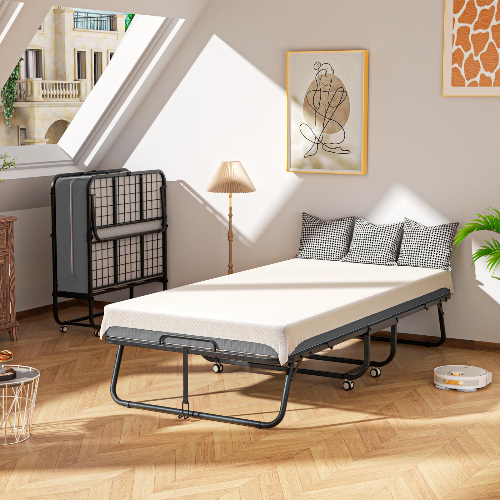 Folding Bed with Mattress, Roll Away Beds with Mattress for Adults, Single Co…
