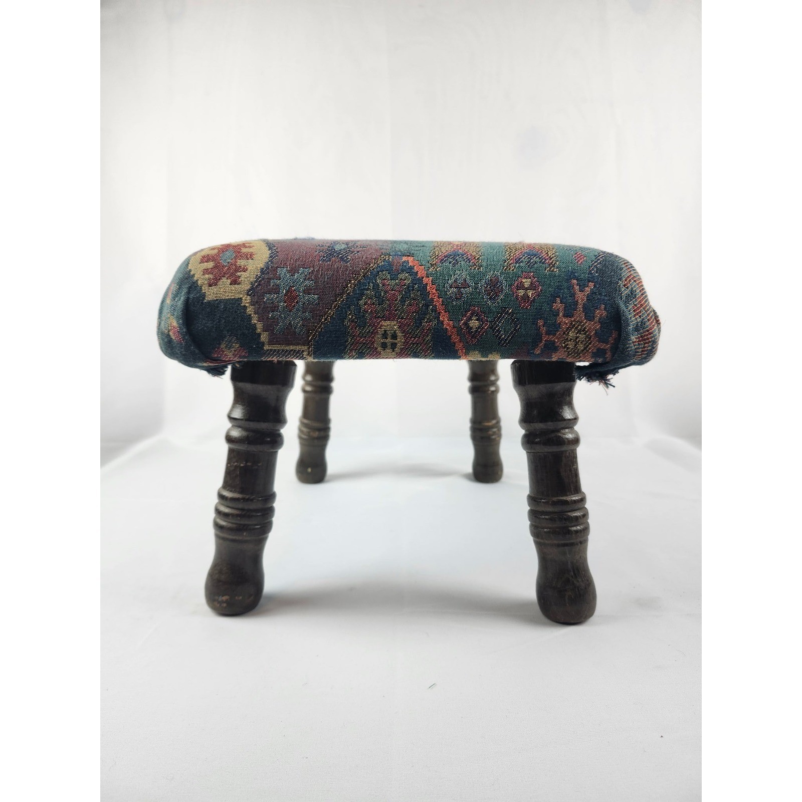 Vintage Tapestry Footstool Small Ottoman Wood Spindle Legs Boho Geometric Stool
