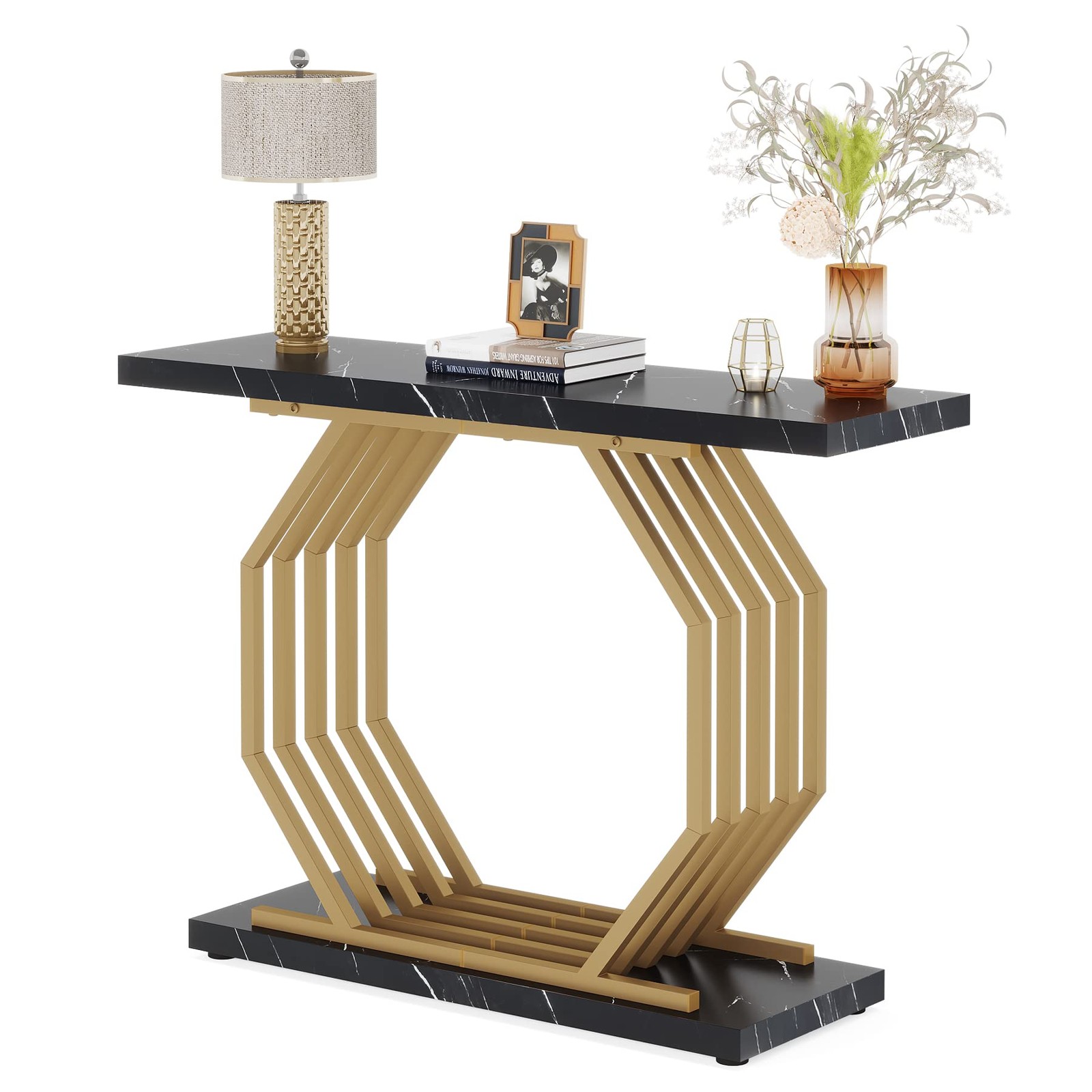 Gold Console Table, Faux Marble Entryway Table Narrow Sofa Table with Geometr…