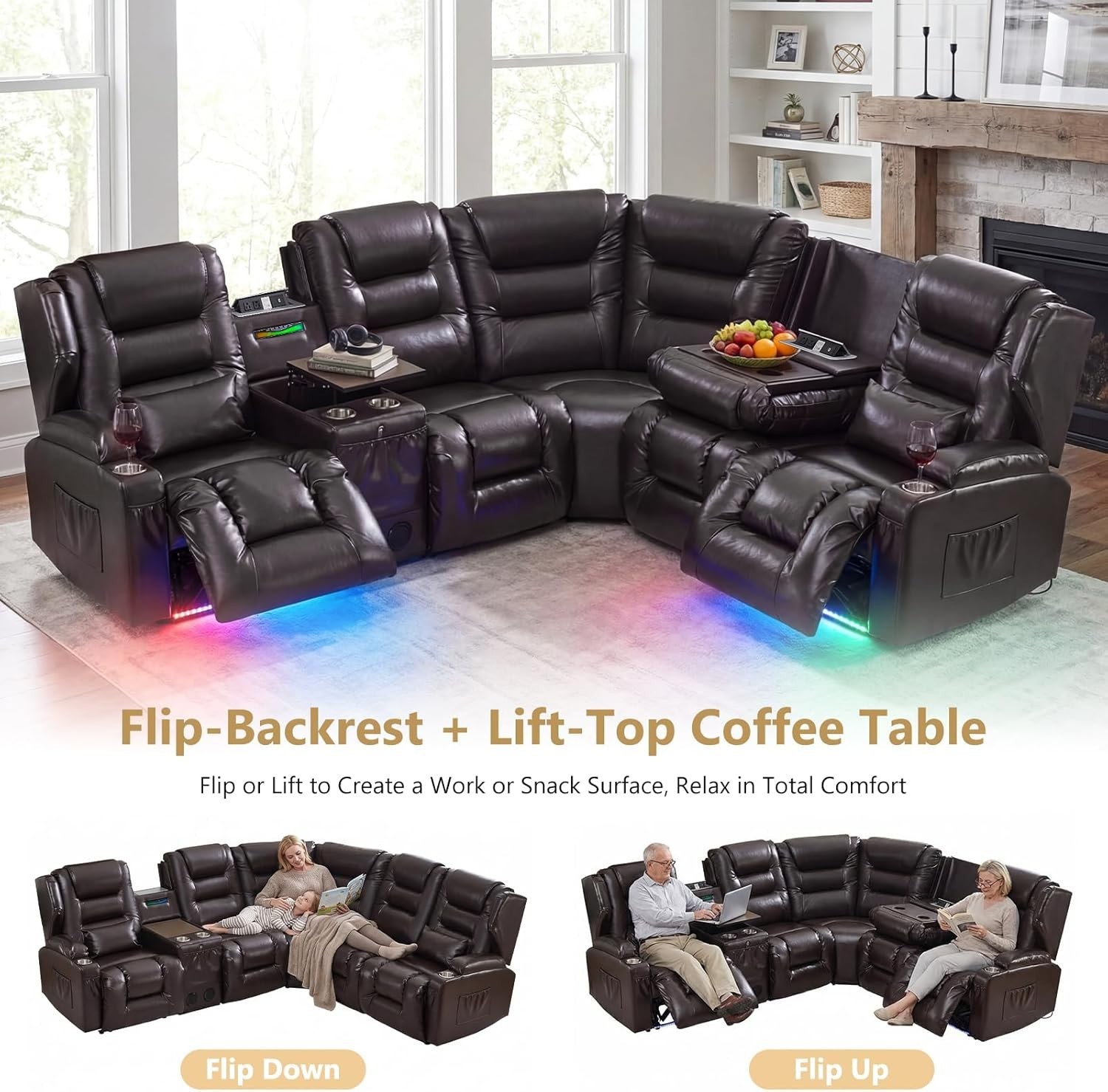 Recliner Sofa Power Reclining Sectional Sofa Set w/ Console&Bluetooth&LED Lights