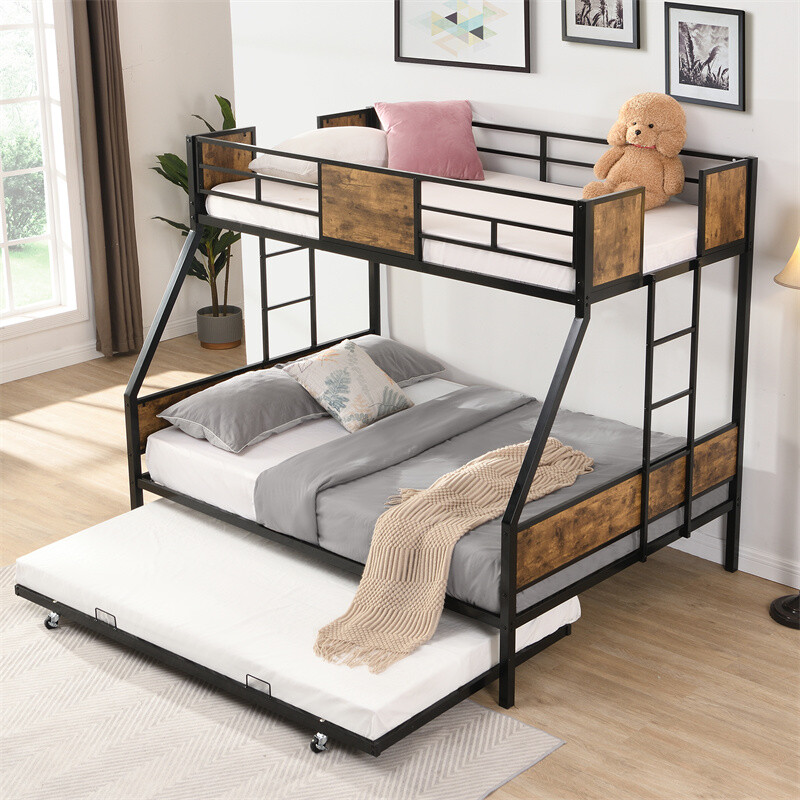 Twin Over Full Metal Bunk Bed w/Trundle & 2 Side Ladder for Kids Teens Adults