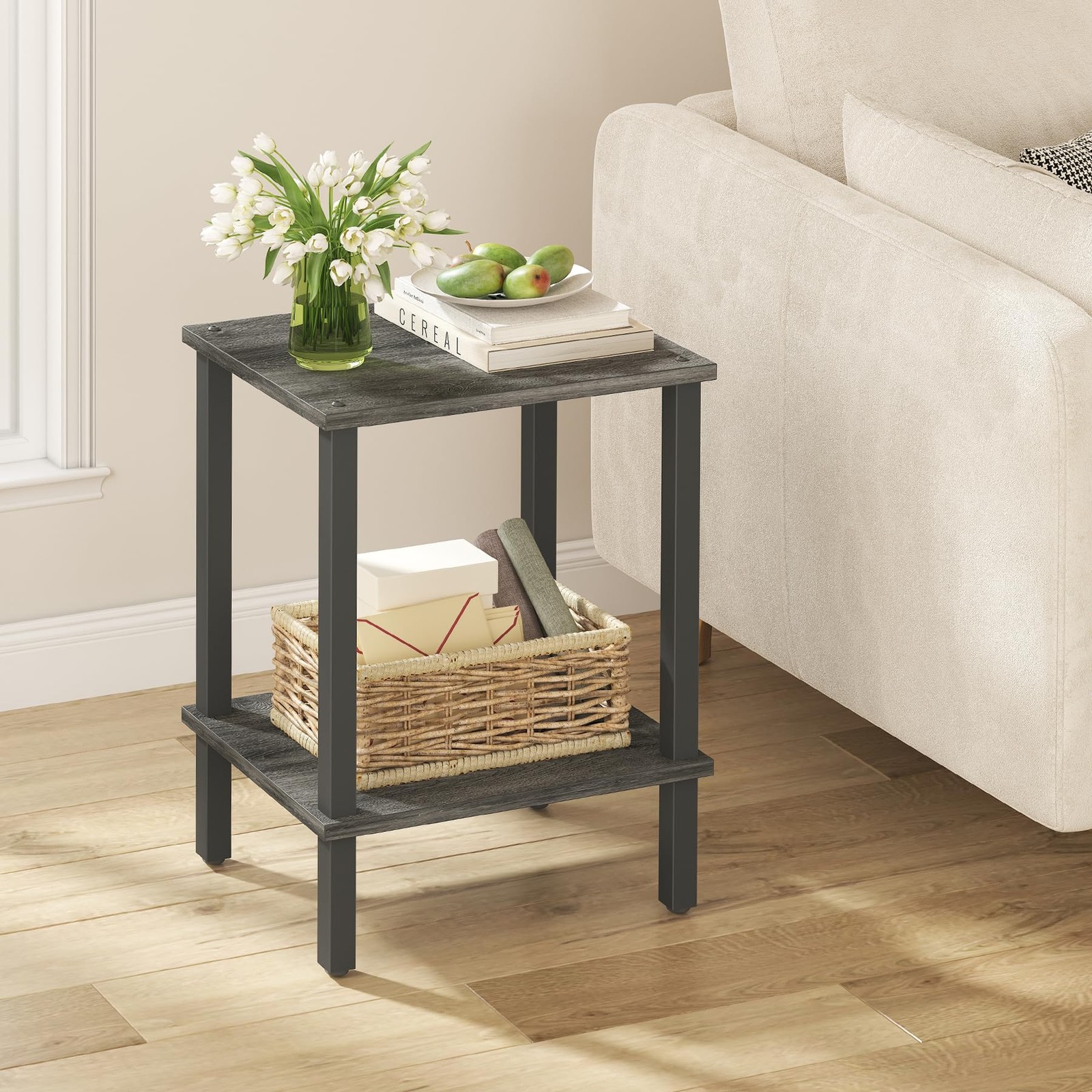 2Tier Storage Shelf End Side Table Nightstand Sofa Charcoal Grey TB01BY034