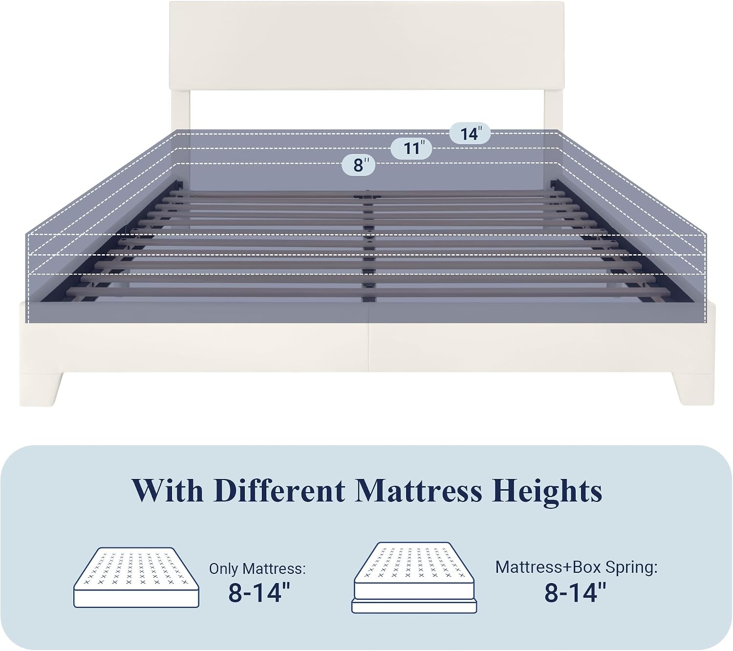 Full Size Bed Frame with Adjustable Headboard, Faux Leather Platform Bed with