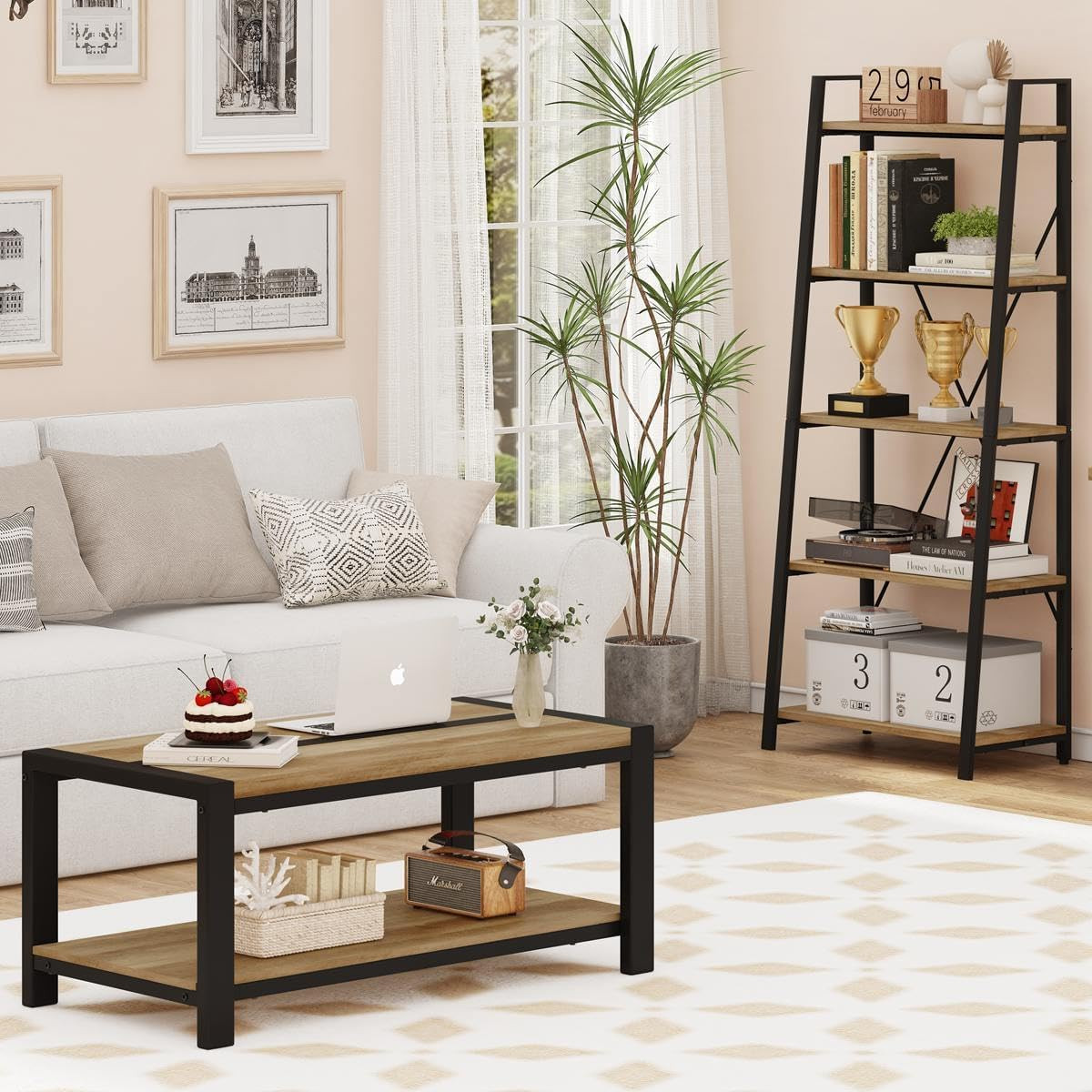 Vintage Oak Rectangle Coffee Table for Farmhouse Living Room, 43 Inch