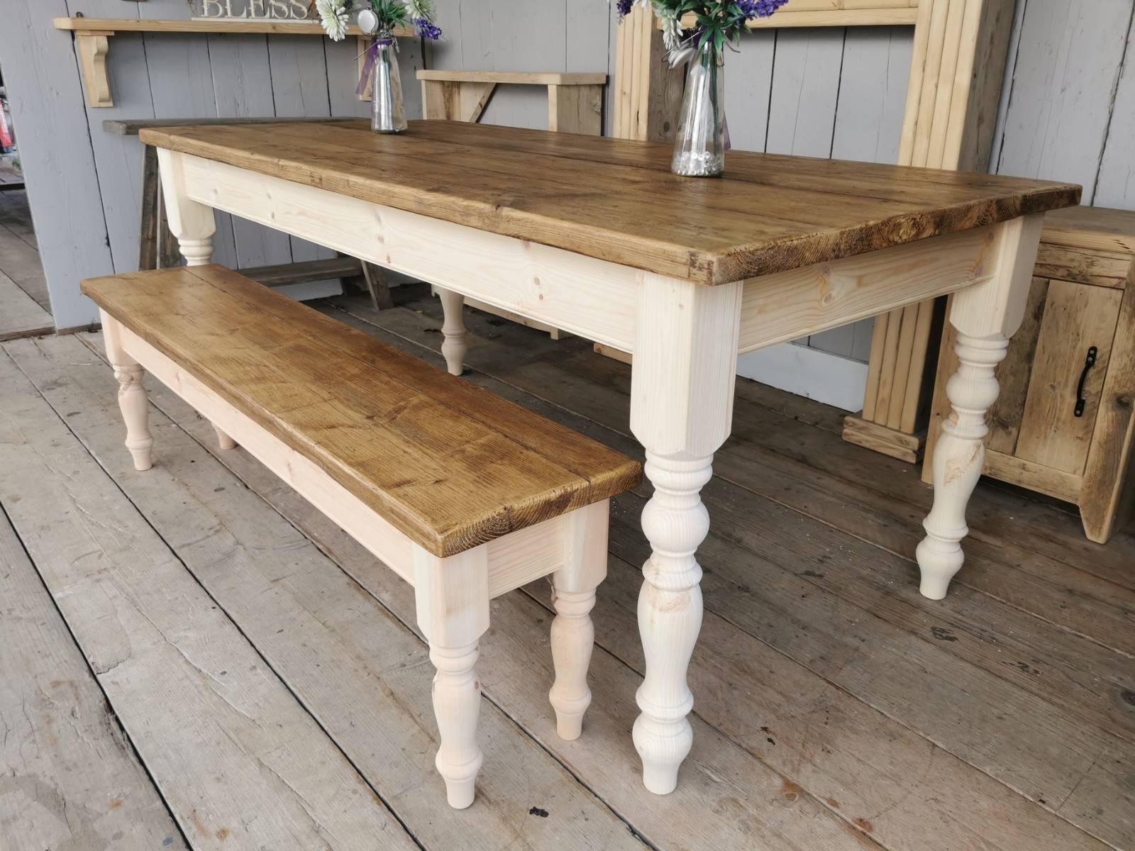 7 Ft Rustic Reclaimed Plank farmhouse dining table and bench