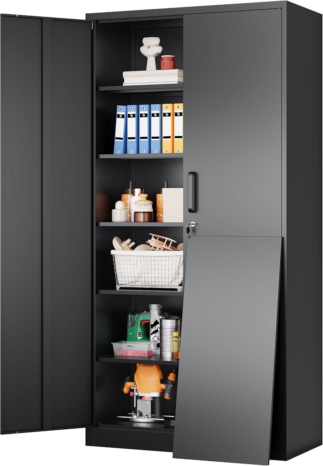 Metal Storage Cabinet 72″ Black Locking 5 Adjustable Shelves 2 Door Garage