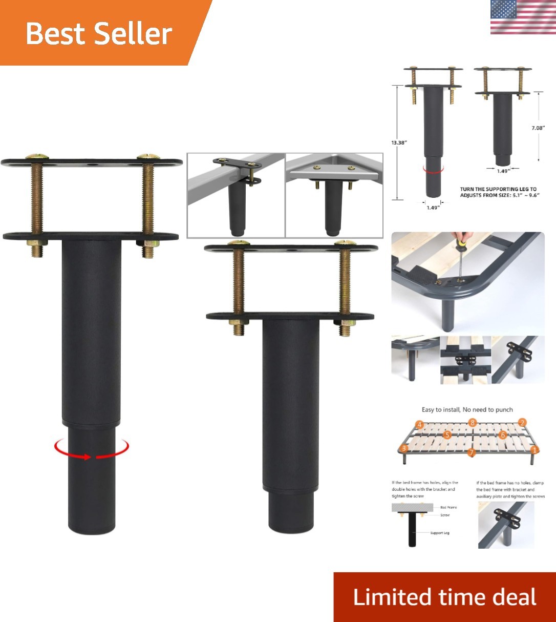 Set of 4 Adjustable Height Center Support Legs for Bed & Furniture, 7.08″-13.3″