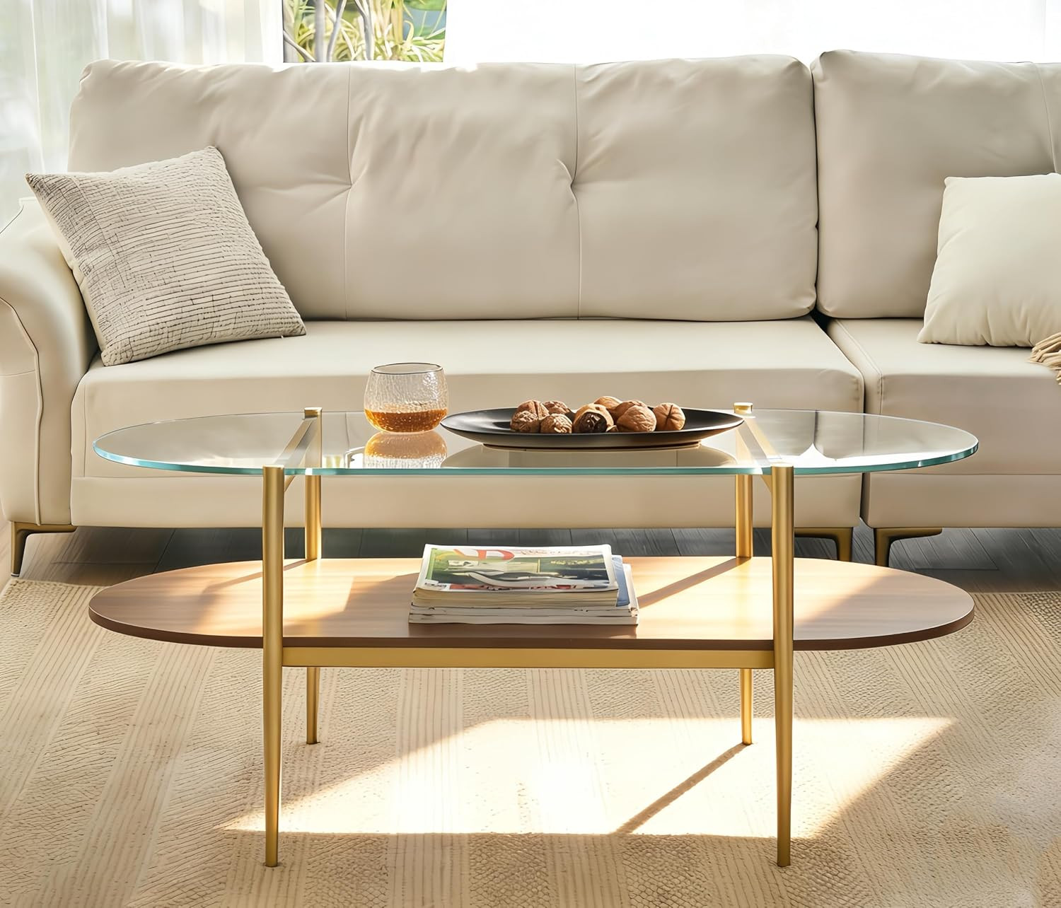 Oval Coffee Table, Mid-Century Modern Design, 2-Tier Structure, Clear Glass Top