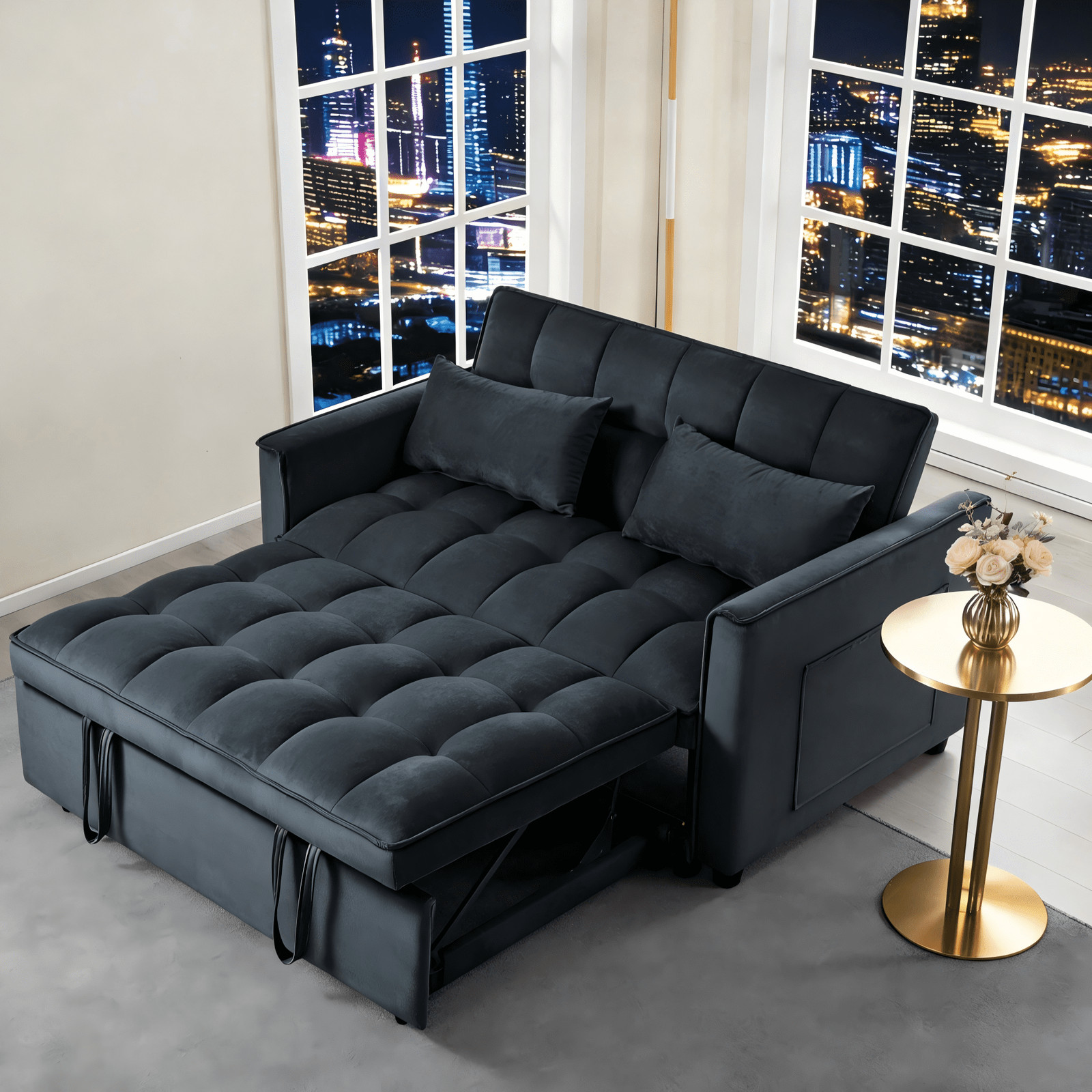 Convertible Sleeper Sofa Bed 52.75″ Adjustable Backrest Pillows Living Rm Black