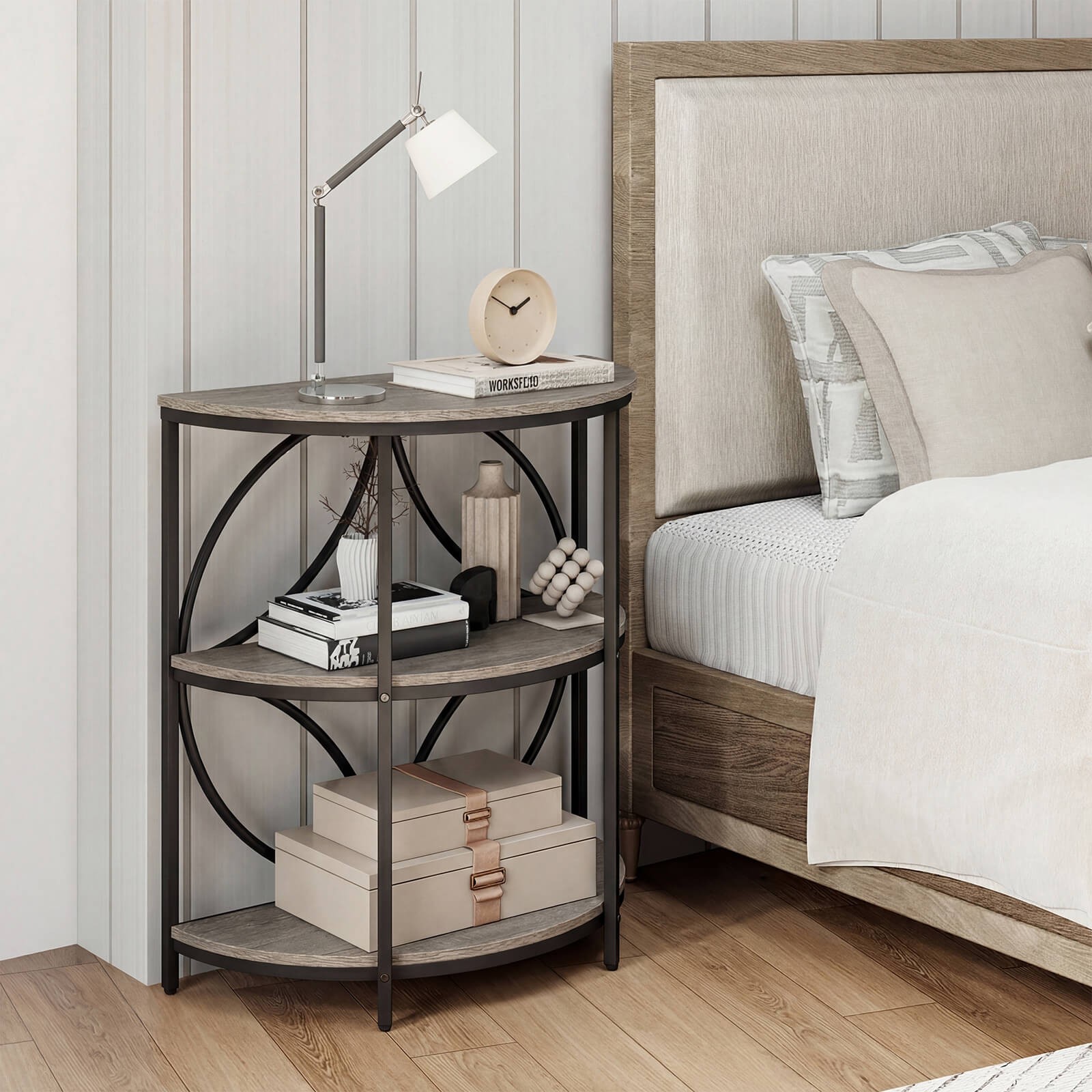 3-Tier Half Round End Table Set of 2 w/Study Metal Frame, Storage Shelves