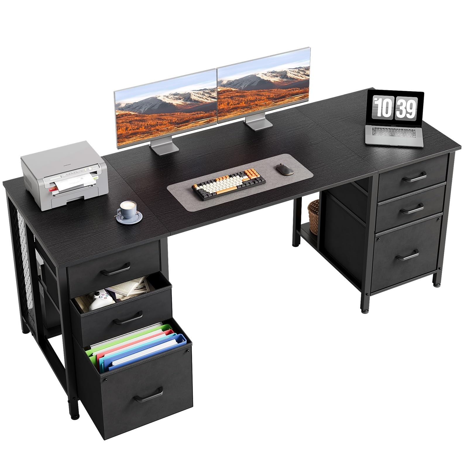 63in Computer Desk with File Drawers Cabinet Storage Home Office Gaming Black