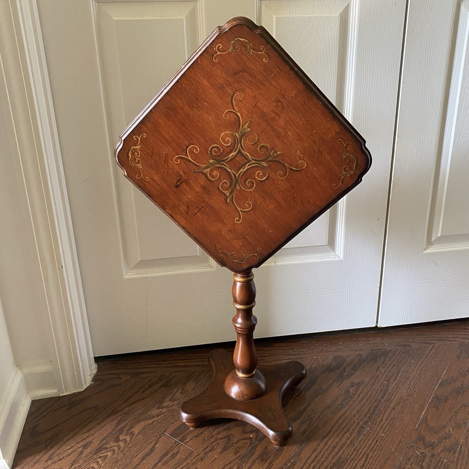 Vintage Bombay Company Wood Accent Tilt Side Table Plant Stand w/ Scroll Paint