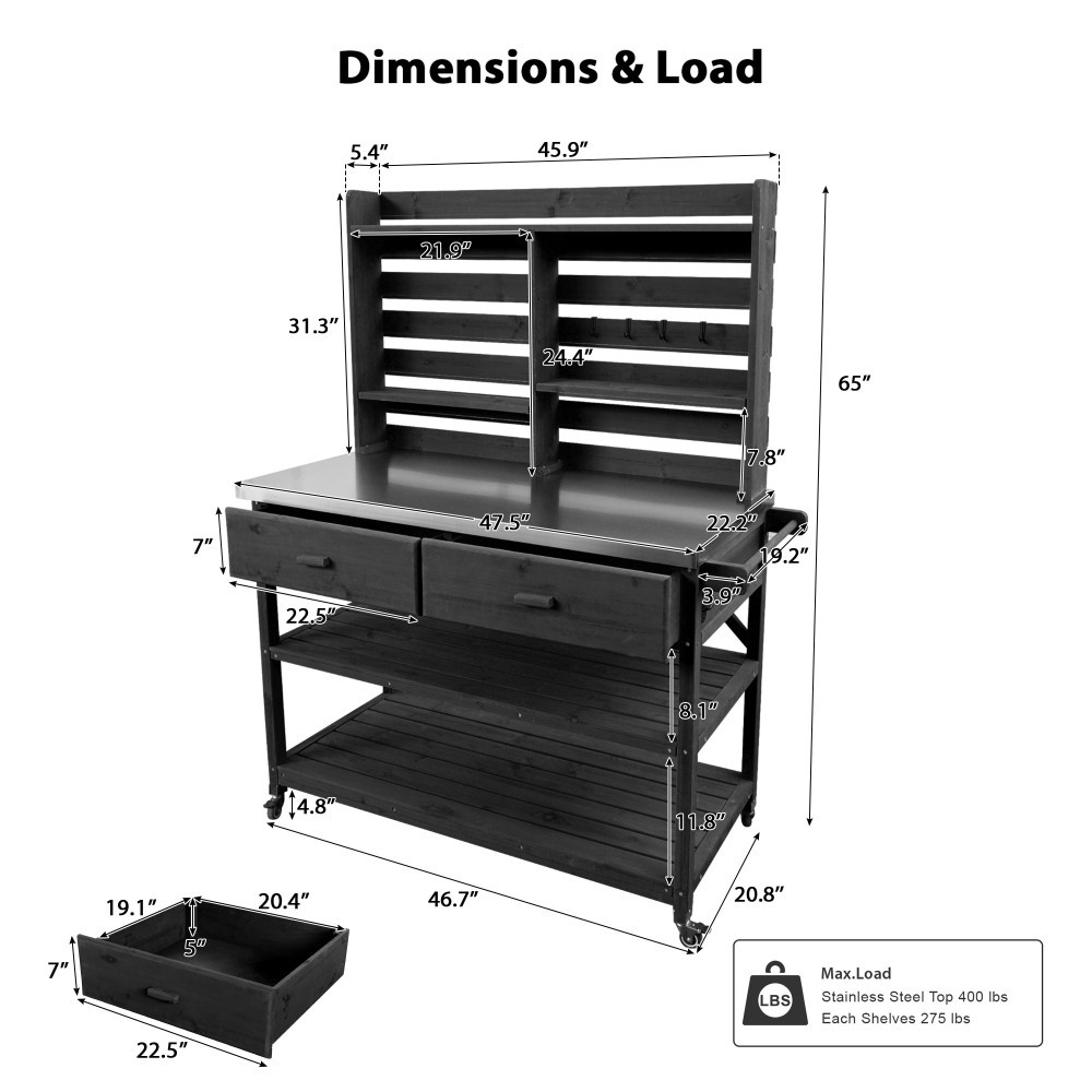 Outdoor Potting Bench with Lockable Wheels – Wood Kitchen Island, Stainless Top