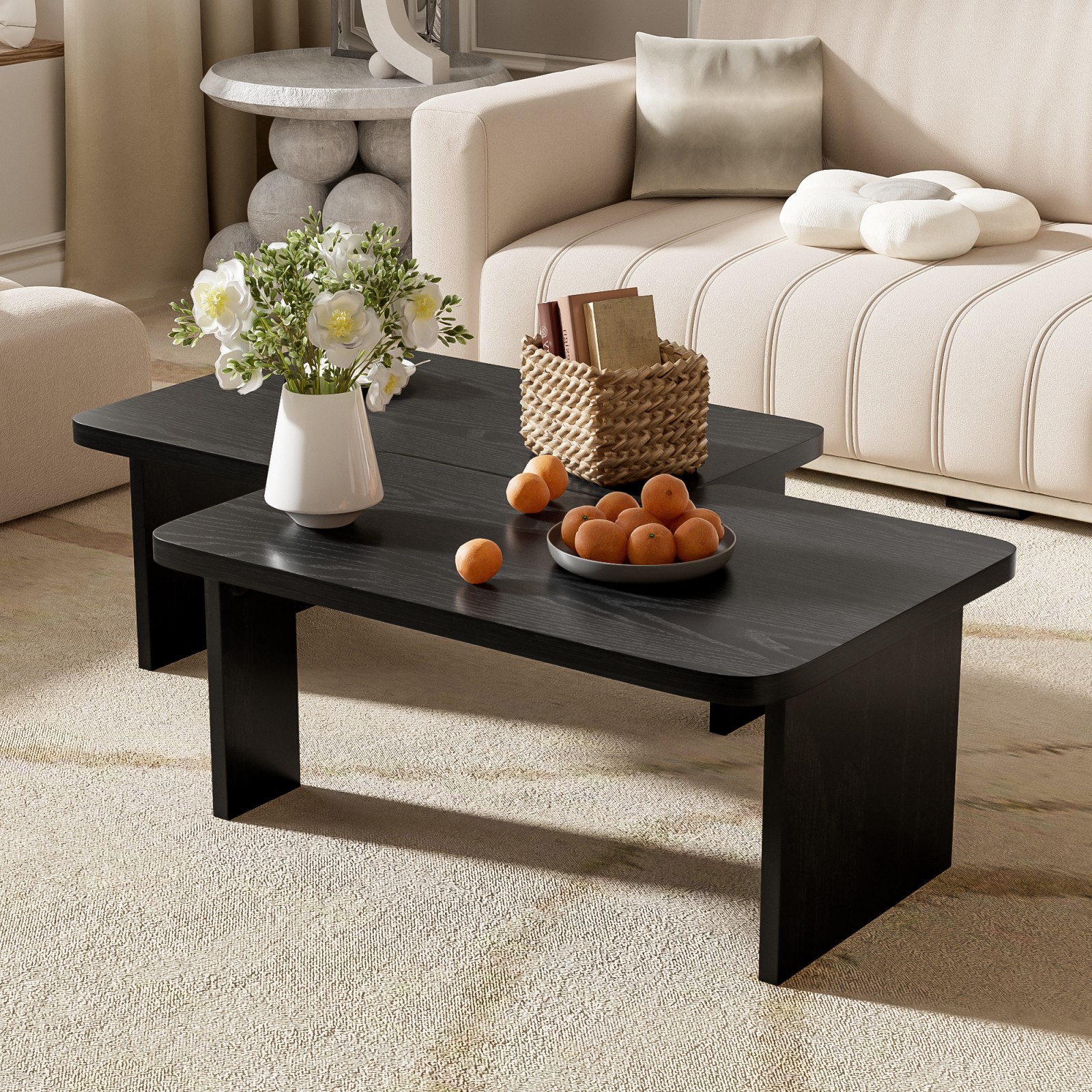 Modern Minimalist Coffee Table Set, Rectangle Splicing Design, Black MDF