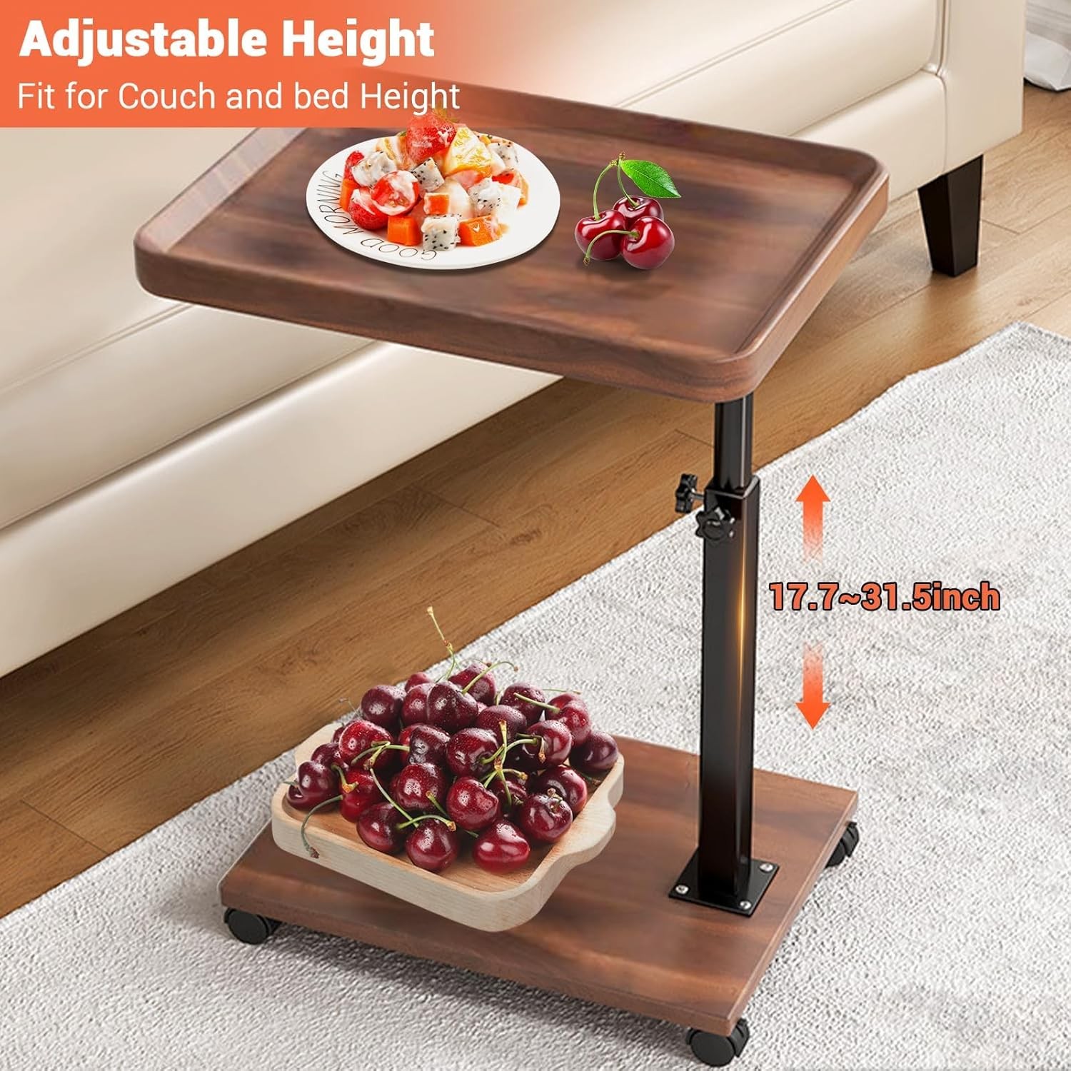 C-Shape End Table Adjustable Height Swivel TV Tray Tables, Sofa Table w/ Wheels