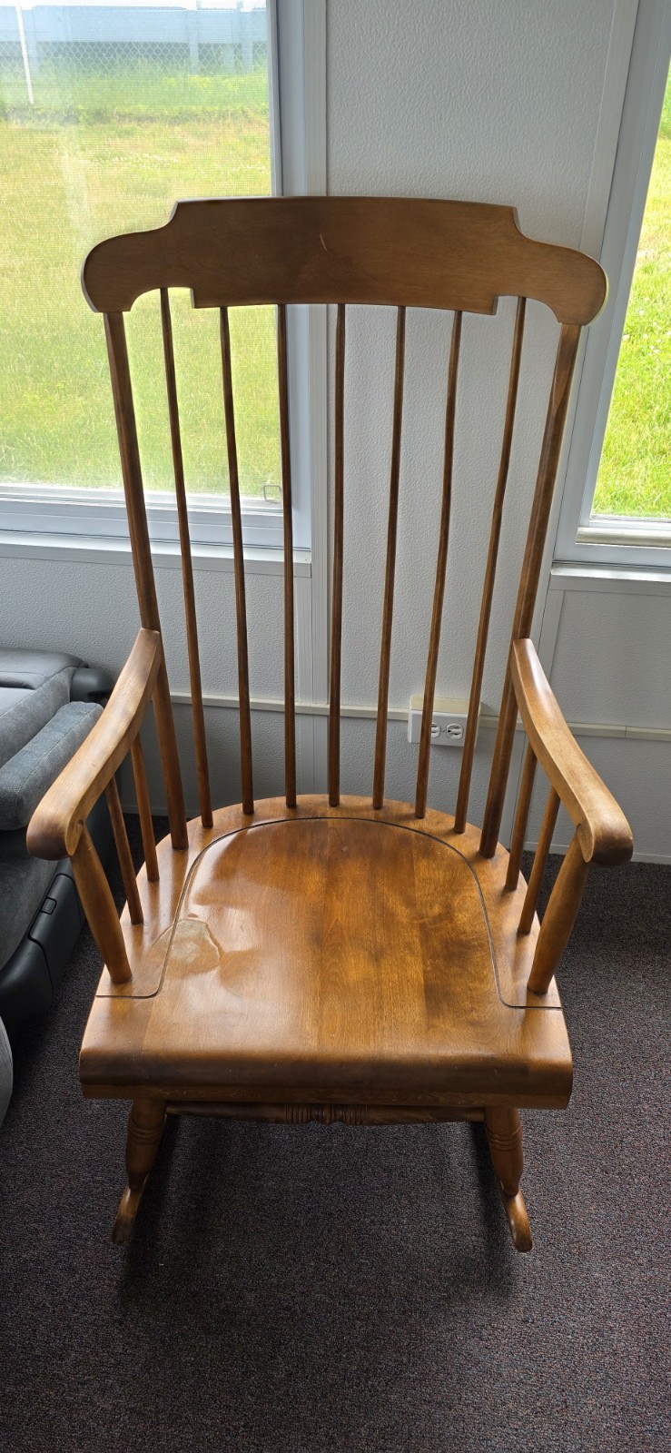 1960 vintage Nichols & Stone Co Wooden Rocking Chair, light brown wood, Arms