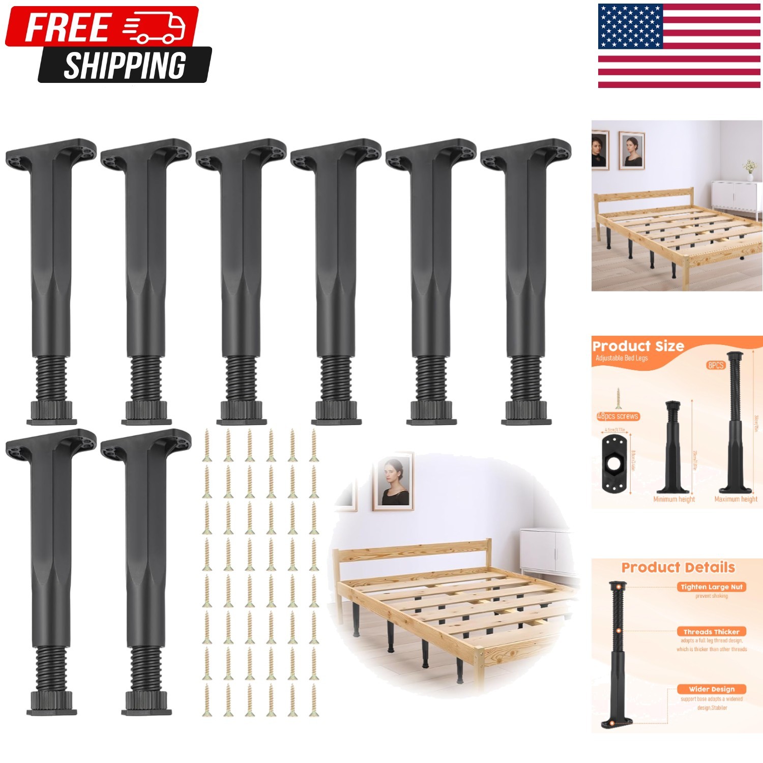 8 Pcs Adjustable Height Bed Support Legs, 7.9″-15″ Bed Frame Support Legs wit…