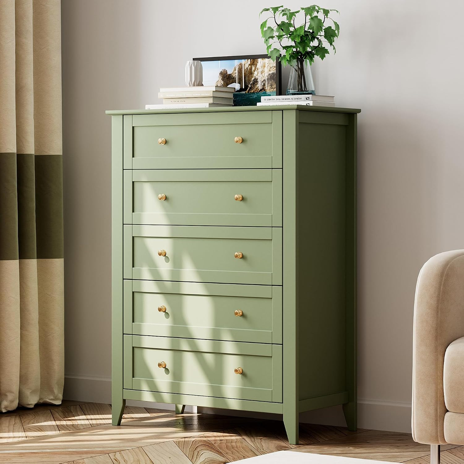 Sage Green 5-Drawer Dresser – Modern Wooden Storage Organizer for Any Room