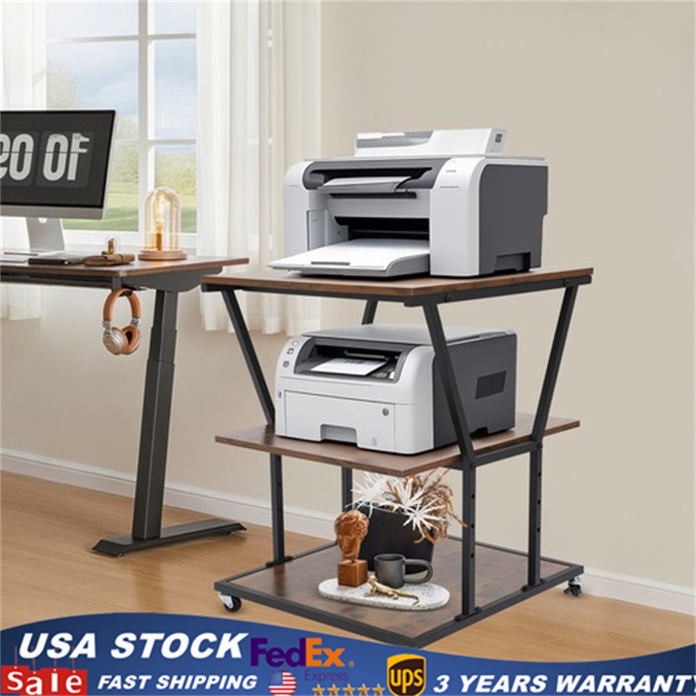 3-Tier Printer Stand with Adjustable Shelves & Wheels for Home/Office