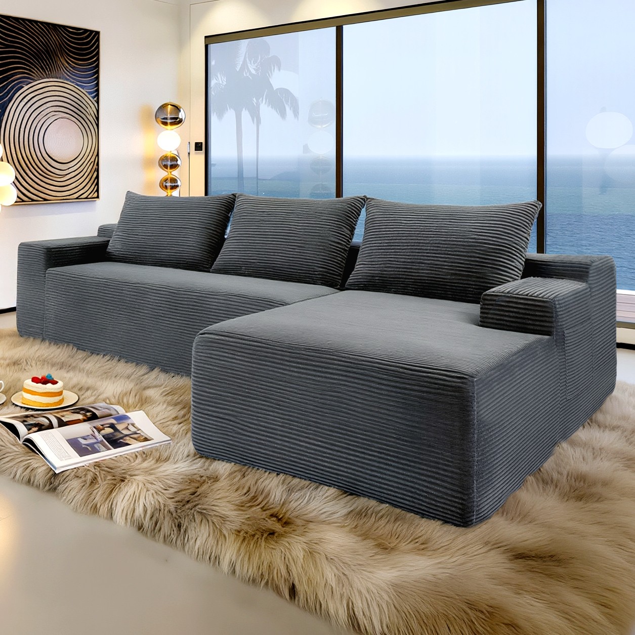 96.9″ Compressible Double Cloud Sectional Couch L-Shape Chaise Grey