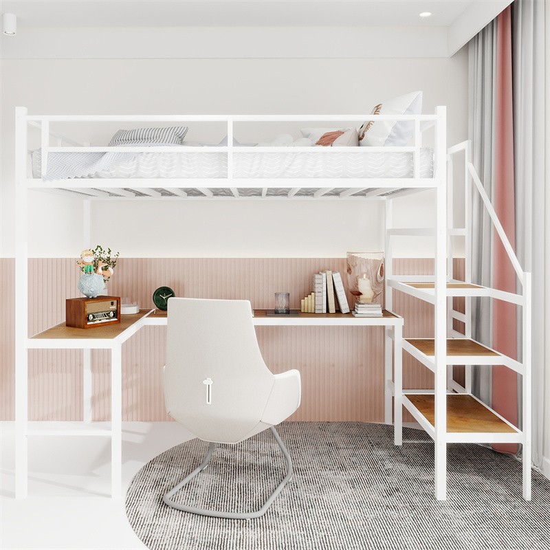 Twin Size Metal Loft Bed w/L-Shaped Desk & Storage Stairs for Children’s Youth