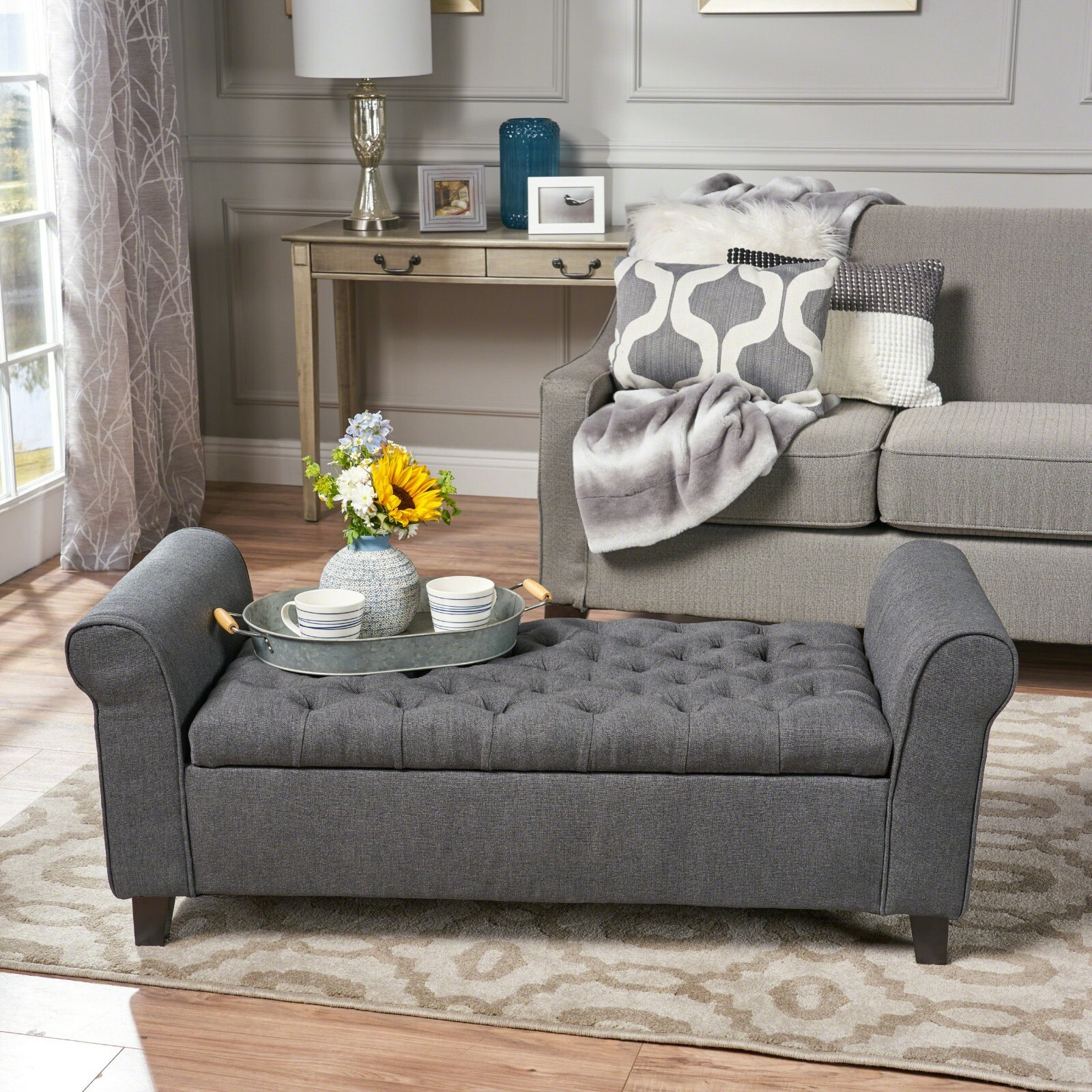 Charlemagne Contemporary Rolled Arm Fabric Storage Ottoman Bench