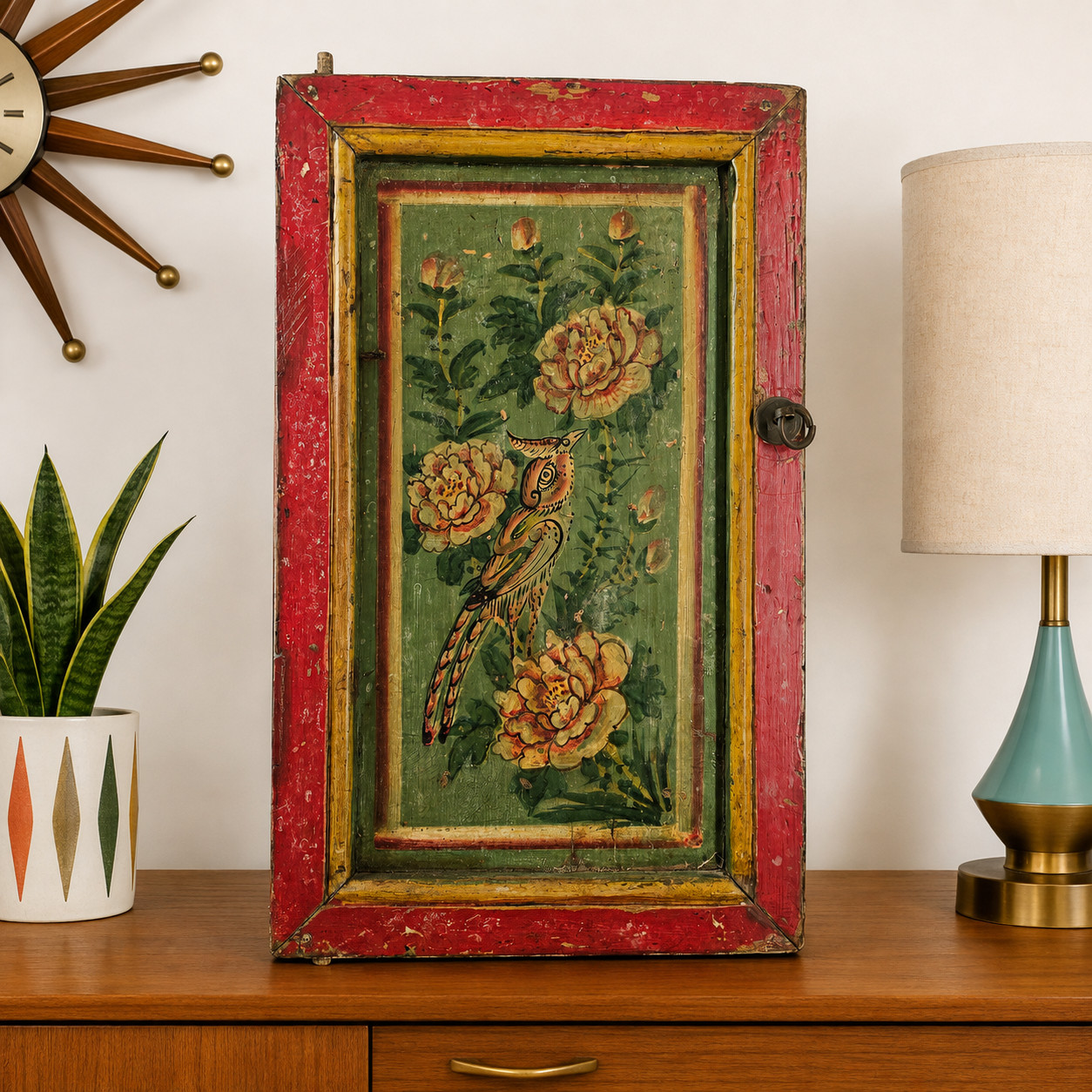 Vtg Reclaimed Asian Hand Painted Cabinet Door Bird Floral Folk Art Wood Panel