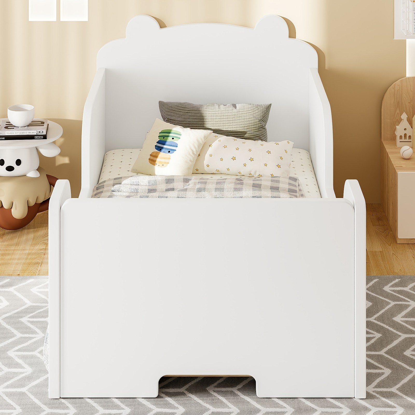 Twin Wood Toddler Floor Bed Frame with Safety Barrier for Boys & Girls Ages 3-6
