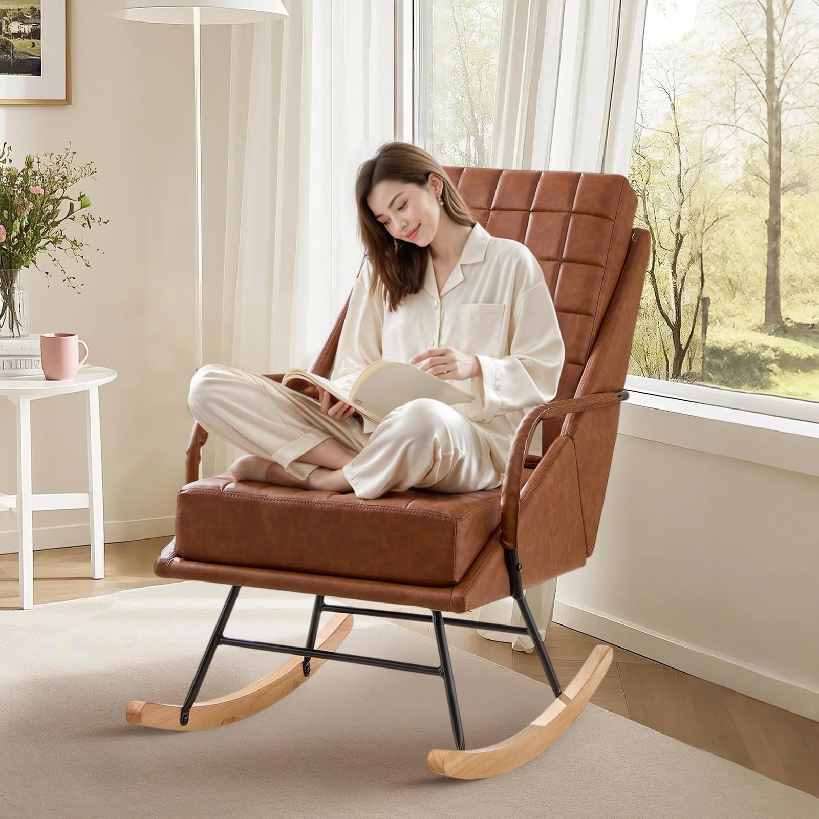 VECELO Rocking Chair Nursery, Over Size Leather Glider Rocker
