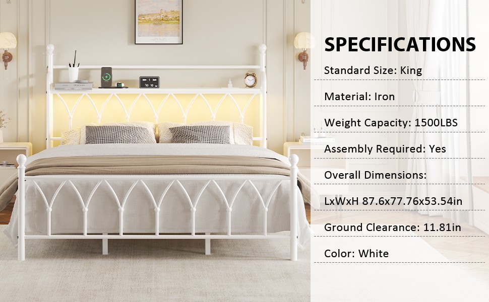 Queen Metal Bed Frame with Charging Station, Headboard storage space,LED Lights.