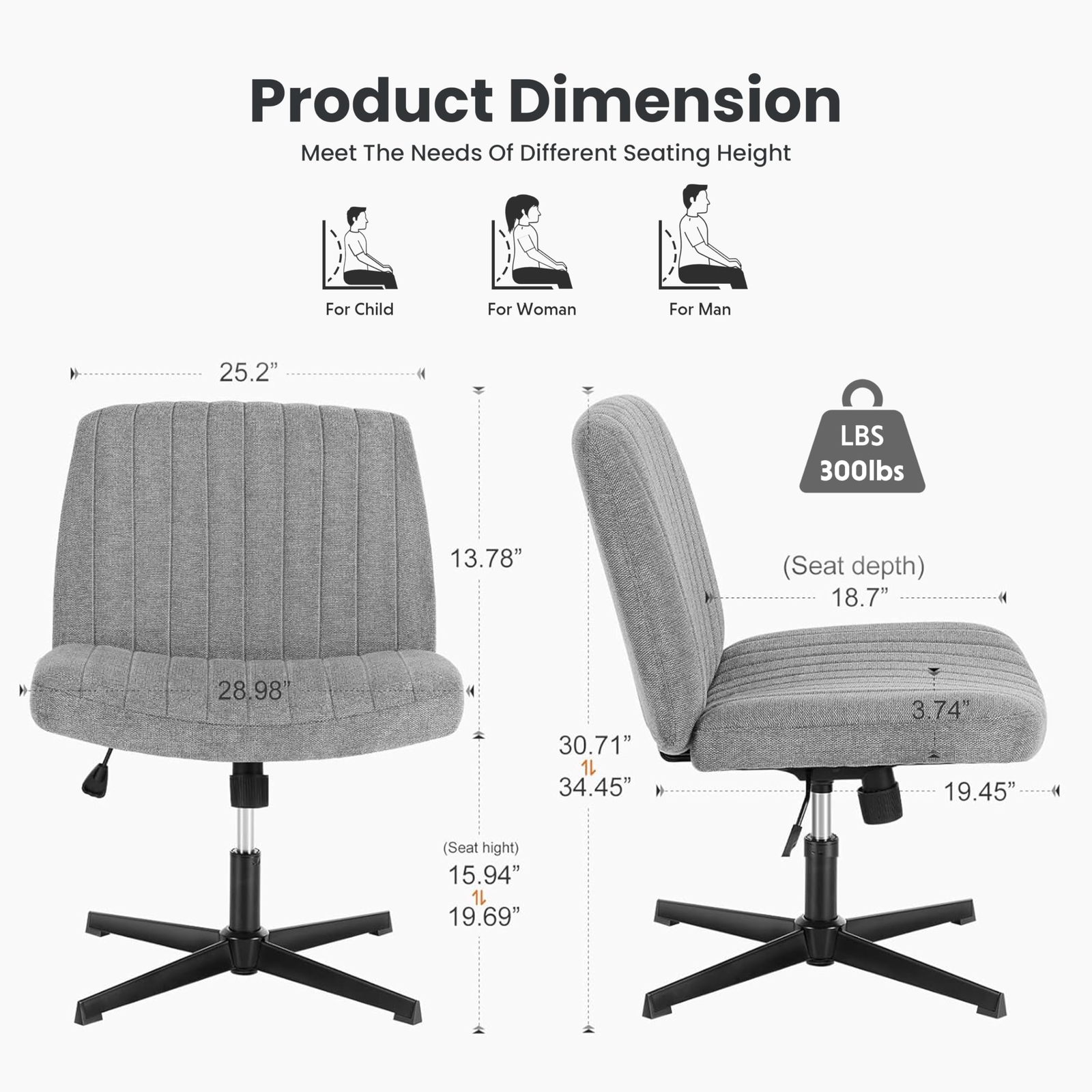 Height-Adjustable Swivel Office Desk Chair with Fabric – Grey