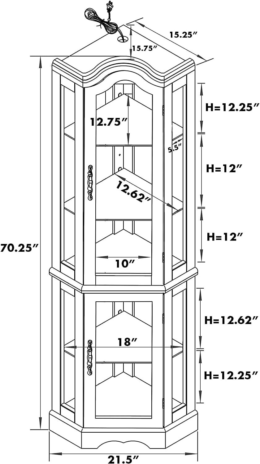 Curio Display Cabinet with lights, Tempered Glass Shelves, Mirrored Back, Walnut