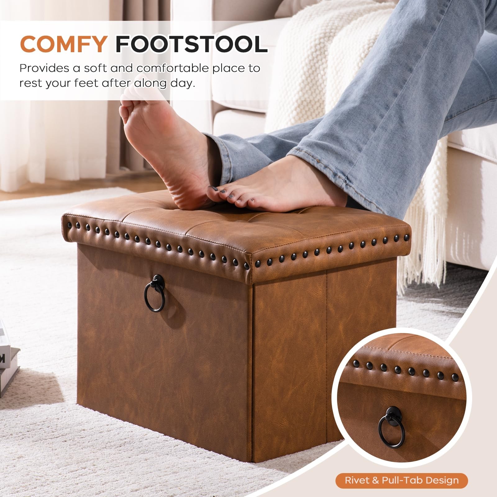 Folding Storage Ottoman 16x12x12 inches, Small Faux Leather Foot Rest Stool w…