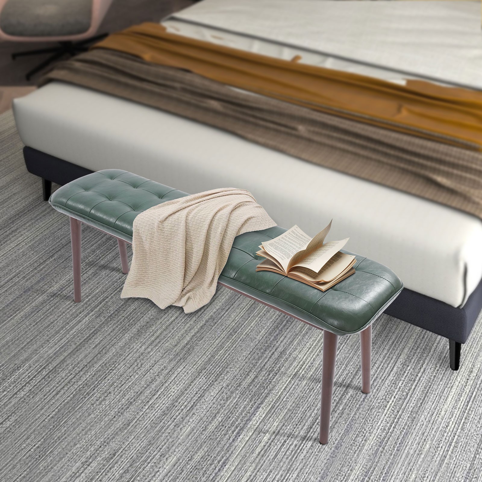 47.2 Inch Upholstered Entryway Wood Bench, Modern Shoe Bench Seat, Dark Green
