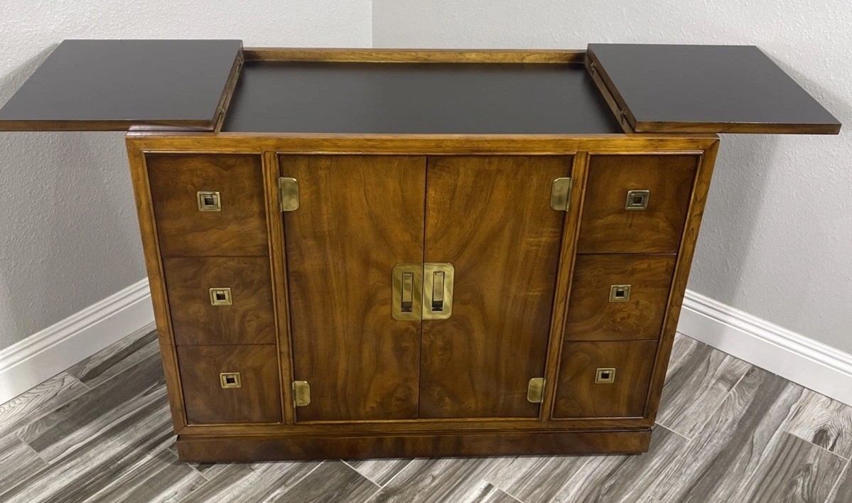 Drexel Heritage Dynasty Burlwood MCM Bar Cart/Buffet ON WHEELS