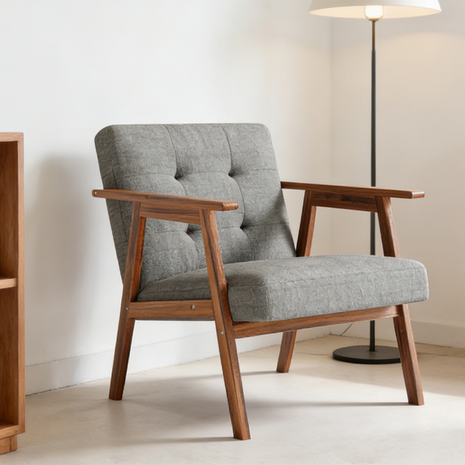Light Grey Modern Accent Chair with Walnut Finish – Thick Cushion