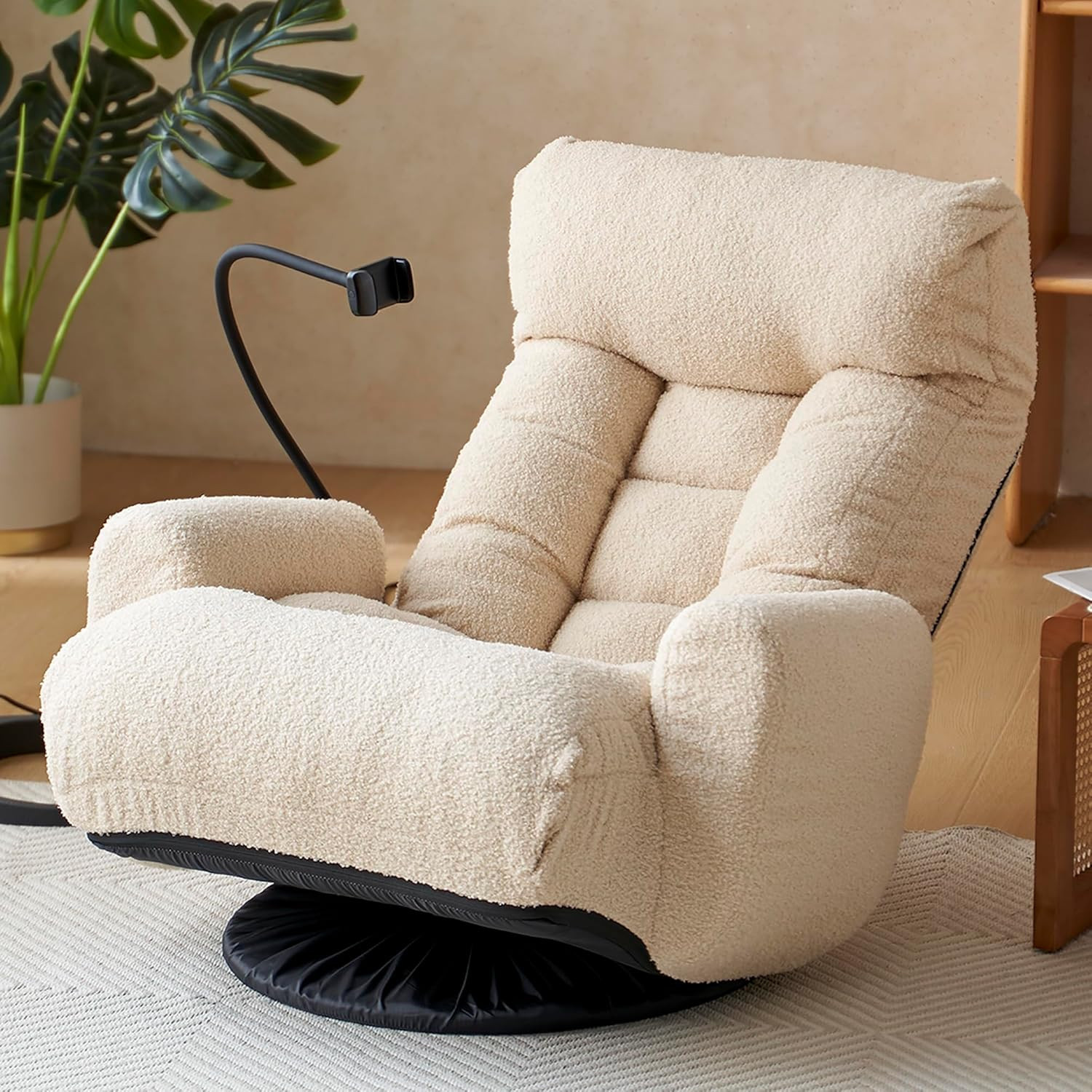 Beige Adjustable Swivel Accent Chair with Phone Holder & 5-Position Recline