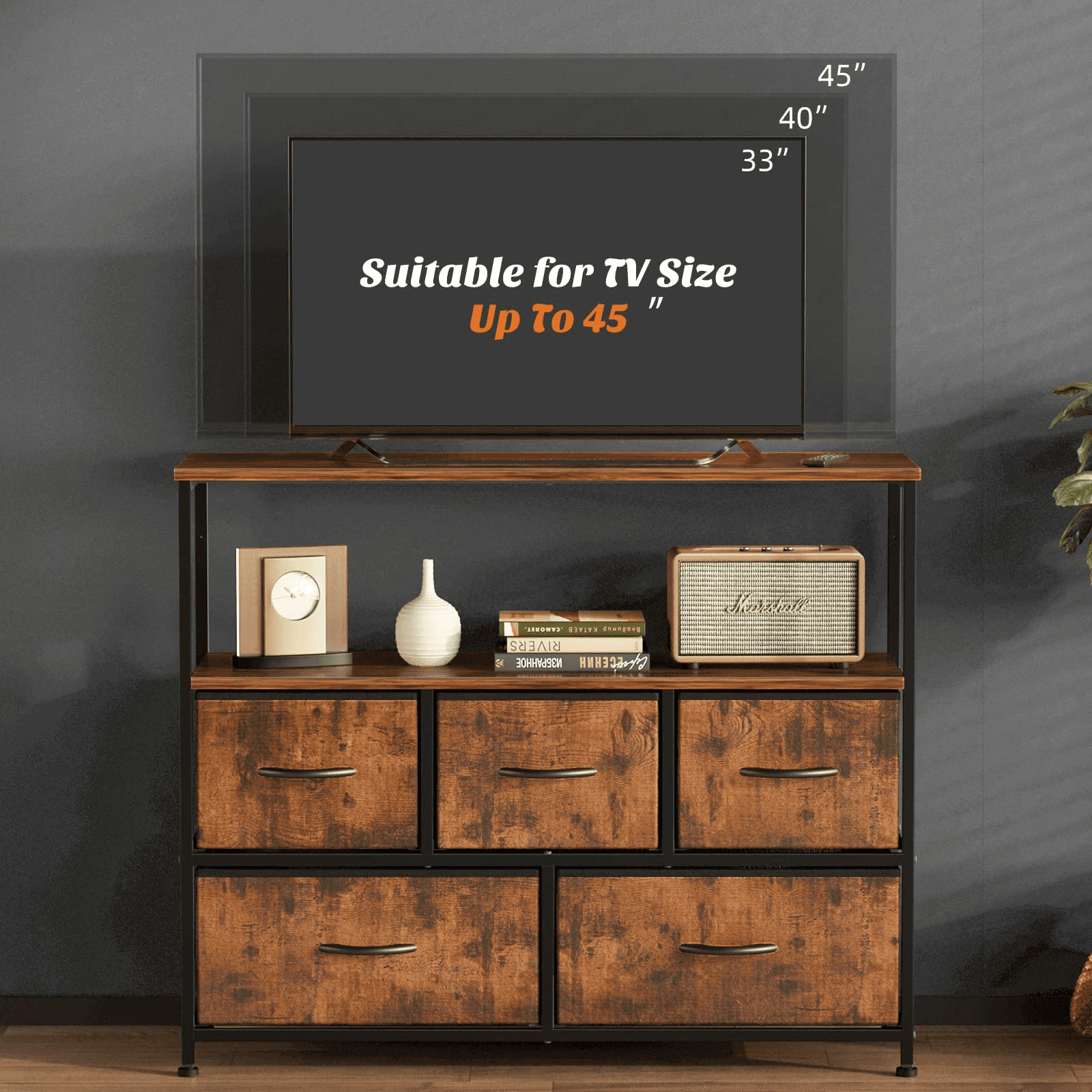 Concetta TV Stand Entertainment Center Dresser with 5 Soft-Close Fabric Drawers