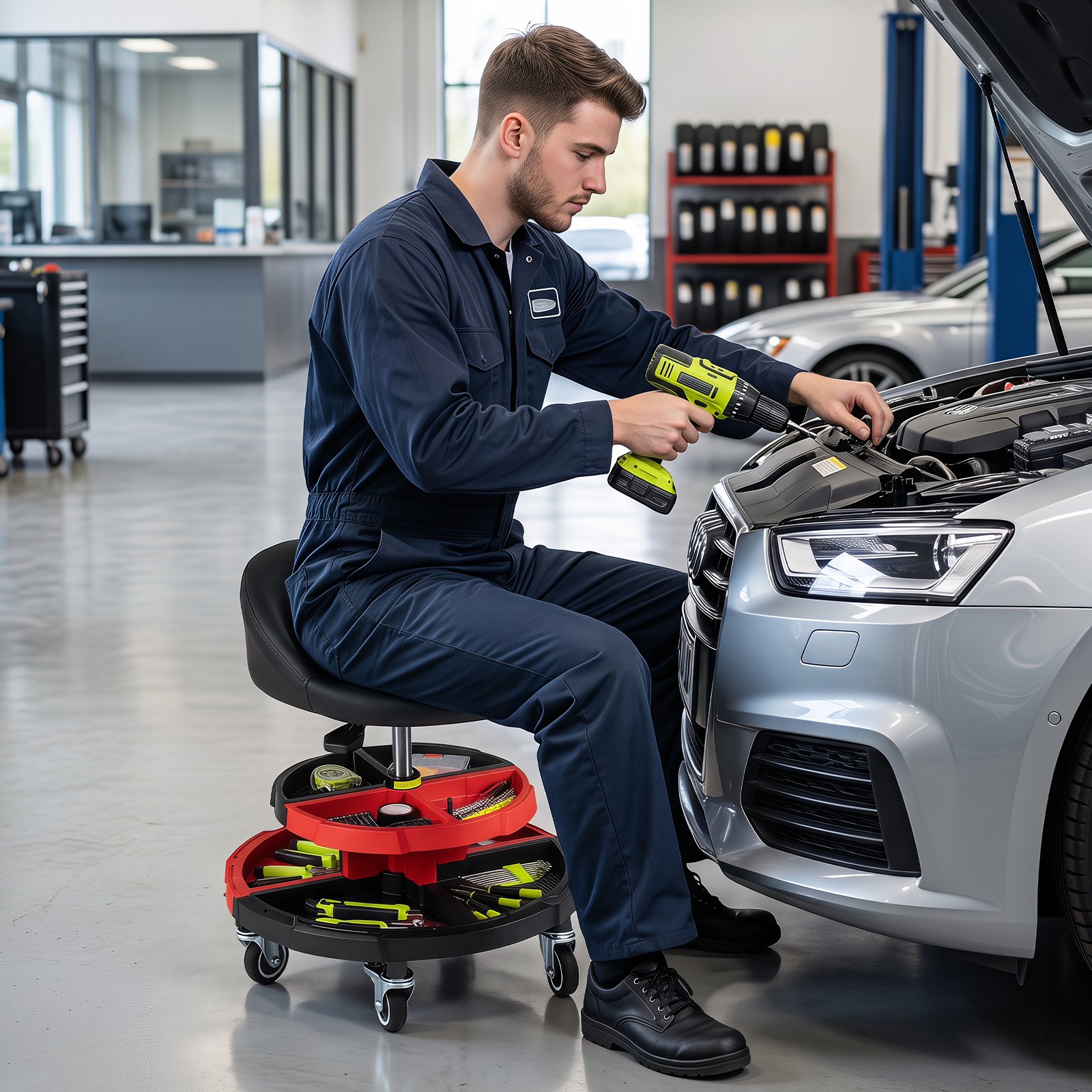 360° Rolling Mechanic Stool with 2 Tool Storage Trays, Backrest, Lockable Wheels