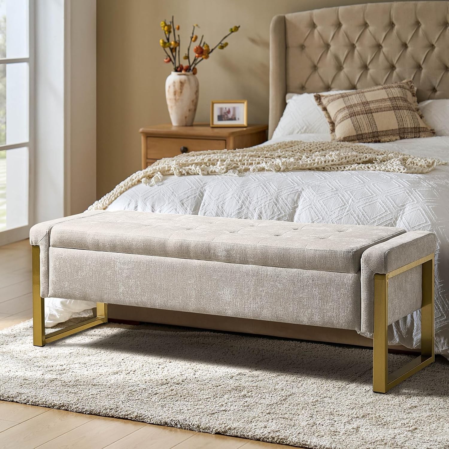 Modern Storage Ottoman Bench W/ Gold Metal Legs Upholstered Footrest End-of-Bed