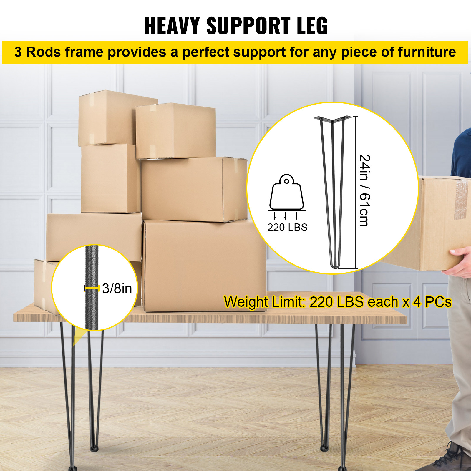 VEVOR Hairpin Table Legs 24 inch, Set of 4 DIY Desk Table Legs 3 Rods Heavy Duty