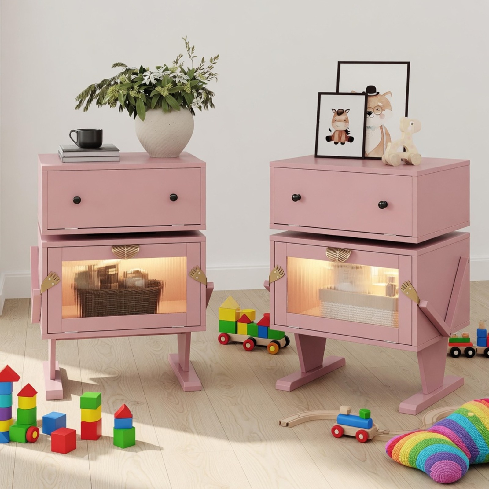 Pink Robot LED Nightstand with Rotating Drawer, 20.7″ Wide Modern End Table
